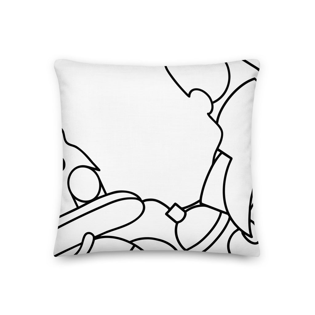 Front view of the Stimsons Bart line art throw pillow, featuring clean white fabric with bold abstract black lines.