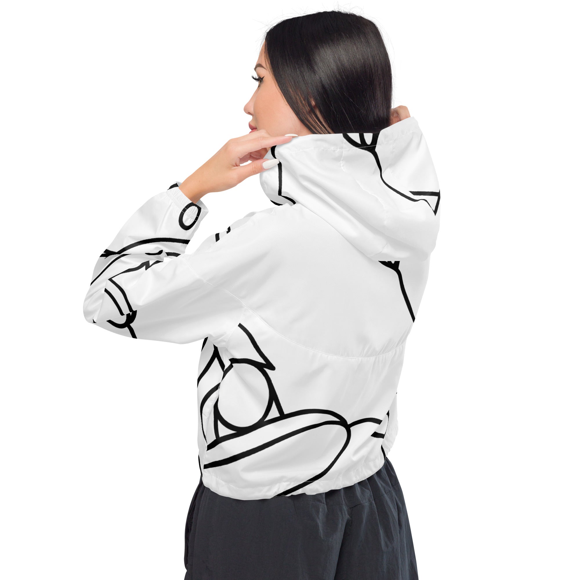 Model wearing the windbreaker, back view featuring full line art detail.
